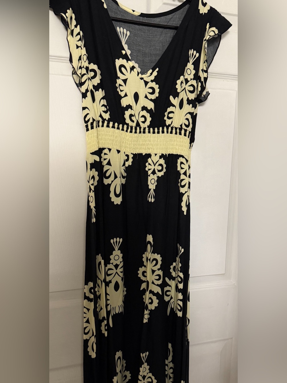 Black Maxi Dress with Cream Floral Print and Smocked Waist